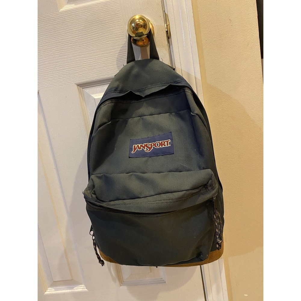 VTG Jansport Backpack Navy Blue Canvas Brown Suede Daypack School Travel EUC